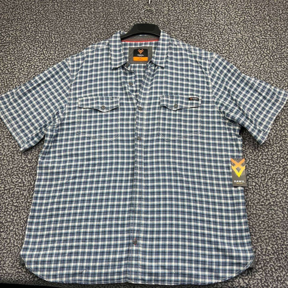 Hawx Work Gear Button Up Shirt Men 2XL Blue White Plaid Short Sleeve New